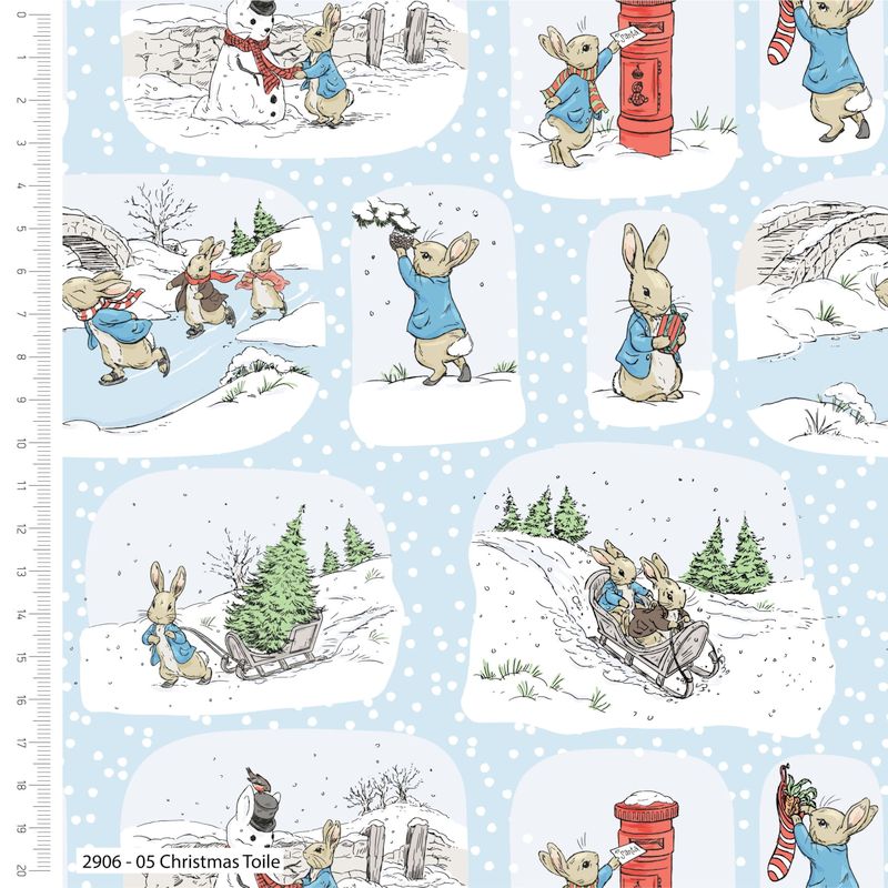 Quilting Fabric with a Christmas theme featuring illustrations of Peter Rabbit in various winter scenes, such as delivering mail and playing with snow.