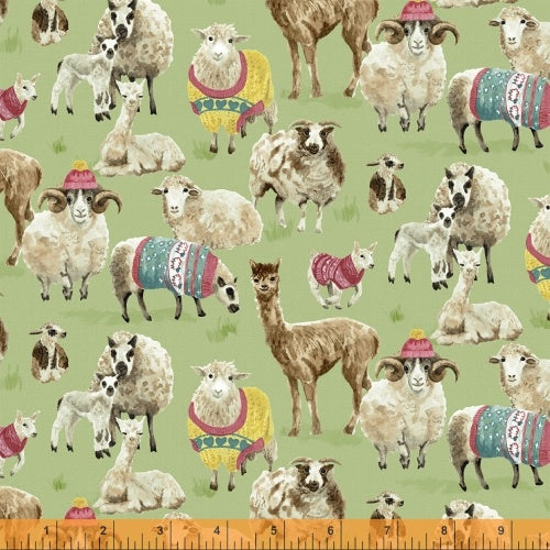 A quilting fabric featuring a whimsical print of sheep, lambs, cria, llamas, and alpacas wearing colorful sweaters on a green background.