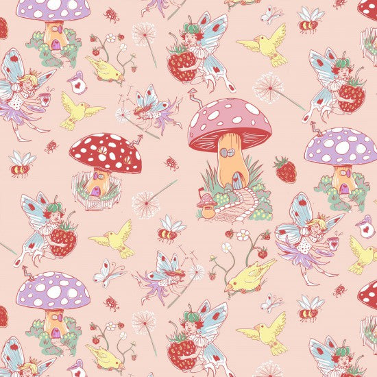 A Quilt fabric featuring a pastel fairy tale scene with fairies, bees, butterflies, mushrooms, and strawberries on a coral-pink background.