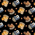 A quilting fabric with a black background featuring a design of brown and multicolored chickens and eggs.