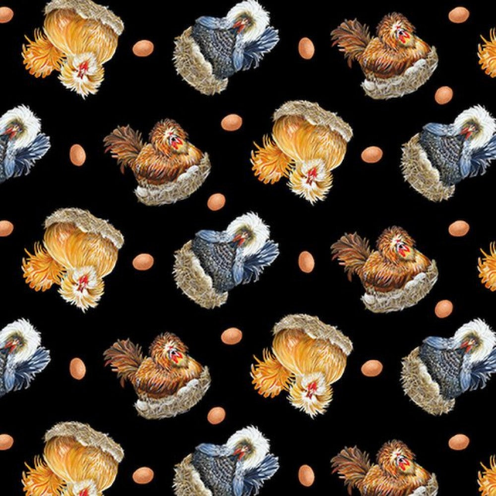 A quilting fabric with a black background featuring a design of brown and multicolored chickens and eggs.