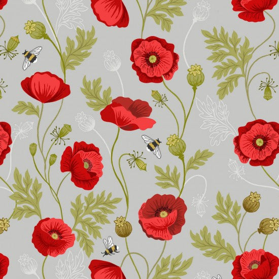 Quilting Fabric with a grey background featuring red poppies and bees, green leaves, and white accents.