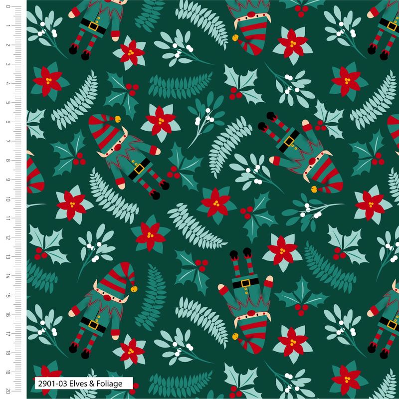 A Christmas-themed Quilting fabric featuring Santa Claus and elves on a green background with holly and poinsettias.