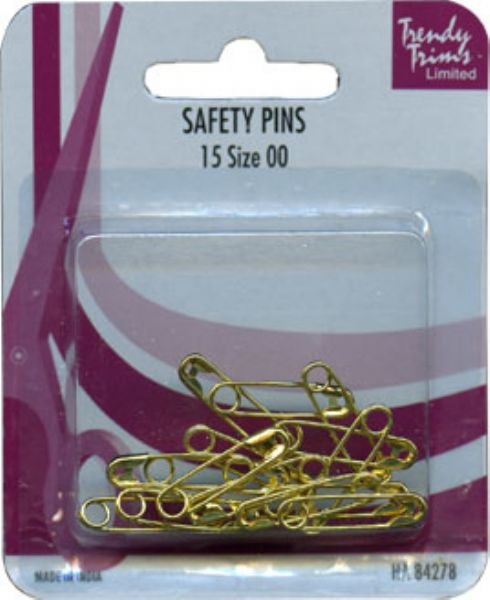Pack of small brass safety pins displayed in a clear plastic packaging with a purple and white cardboard backing.