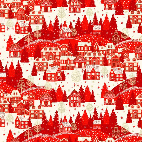 Scandinavian Christmas - Christmas Village in Red and White with Gold Overlay