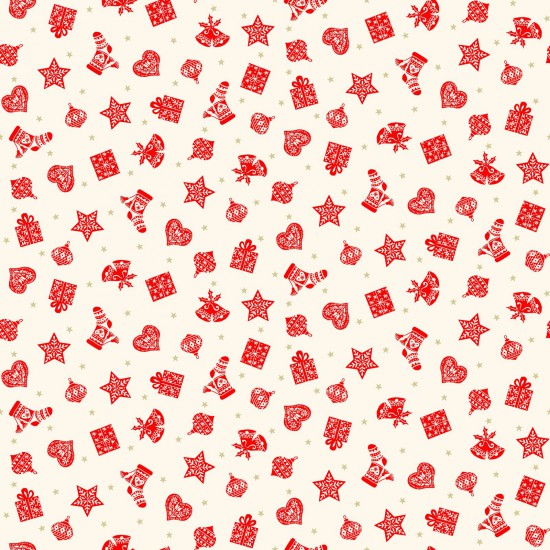 Christmas fabric showcasing a white background with red geometric design and Christmas motifs such as hearts ornaments and stockings.