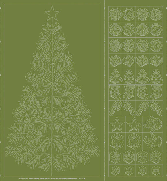 Large Sashiko Pre-printed Cloth Panel - Seasons Greetings on Green Tea Colour
