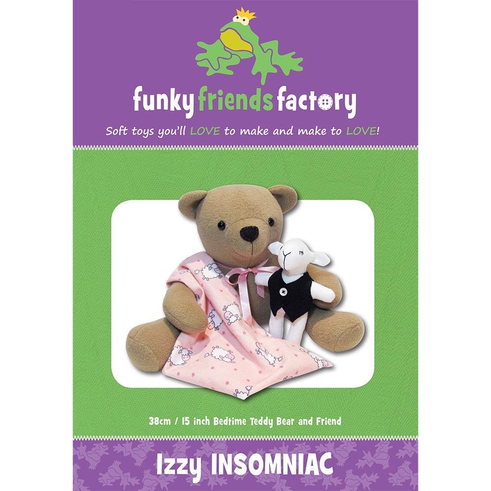 A teddy bear sewing pattern named 'Funky Friends Factory - Izzy Insomniac' featuring a photo of a brown teddy bear with a toy sheep and a flannel blanket.