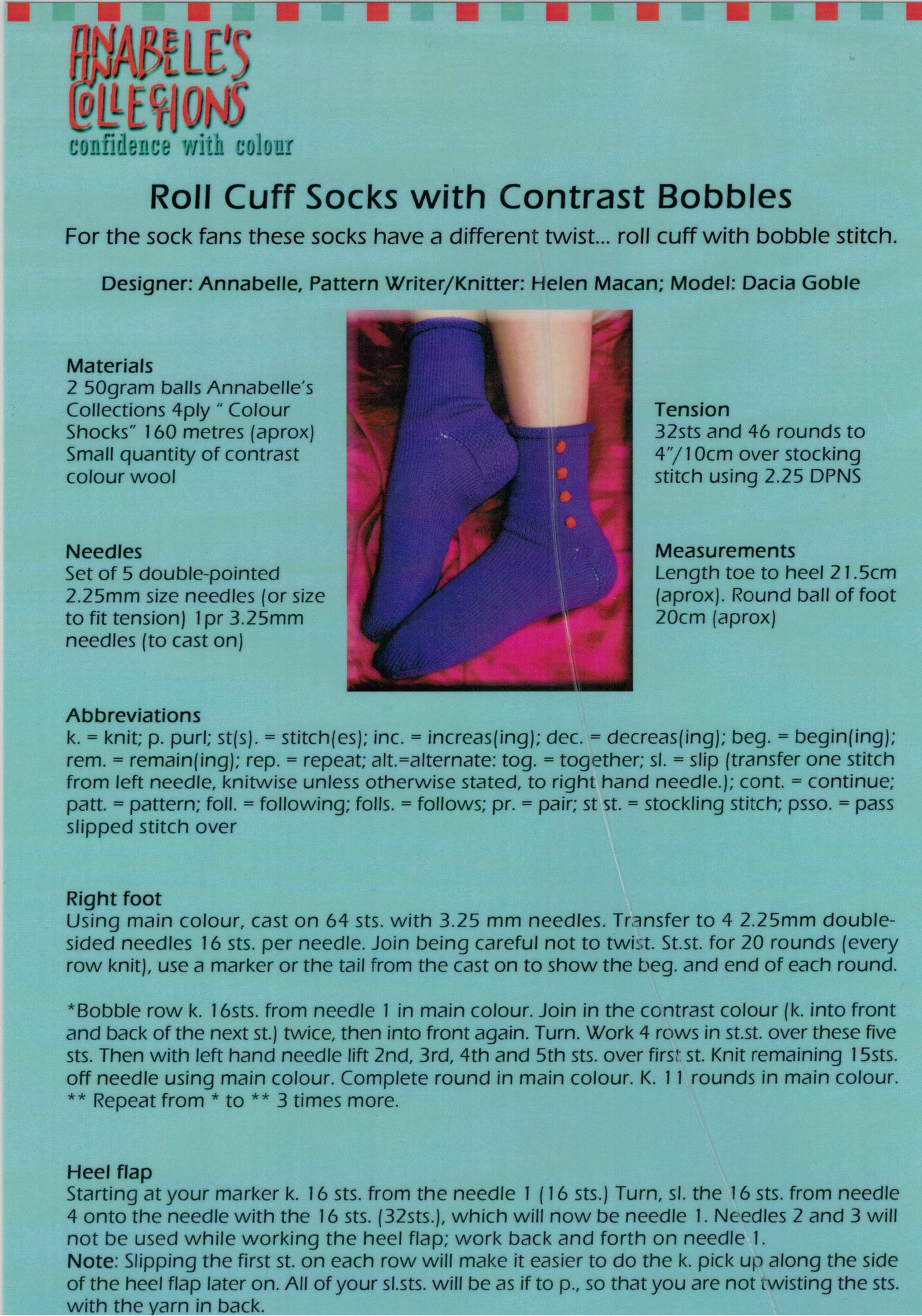 Annabelle's Knitting Pattern - Roll Cuff Socks with Contrast Bobbles in 4-Ply / Fingering