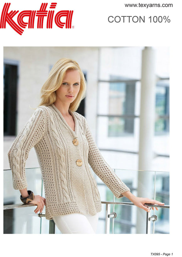Katia TX095 - Ladies Cable and Lace Cardigan in 8-ply / DK Cotton