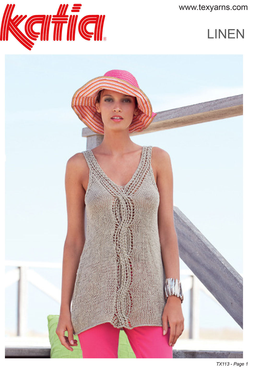 Katia TX113 - Ladies Cable & Lace Singlet 8-ply / DK Linen or Linen-Blend
