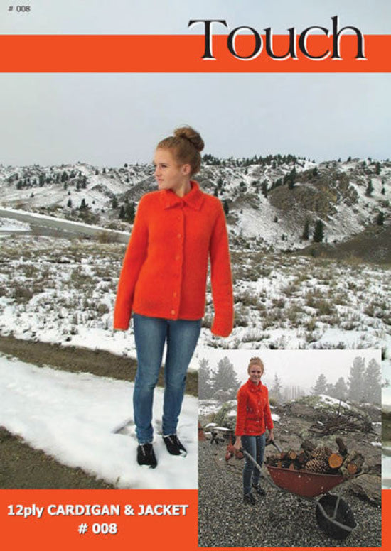 A promotional image featuring a woman standing in a snowy landscape wearing an orange knitted cardigan and jacket, with a close-up inset of the knitted fabric texture.