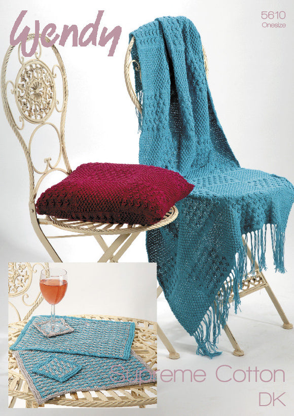 Wendy Knitting Pattern 5610 - Throw, Cushion Cover, Place mats & Coasters in 8-ply / DK