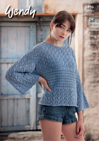 Wendy Knitting Pattern 5896 - Ladies 3/4-sleeve pullover in 8-ply / DK