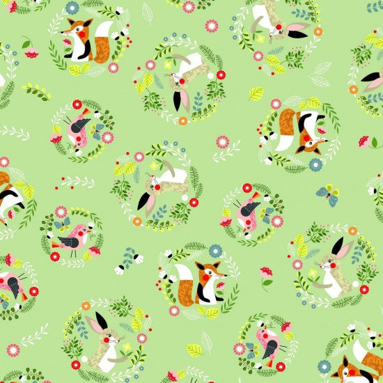 Willow - Foxes, Bunnies and Birds on Green background