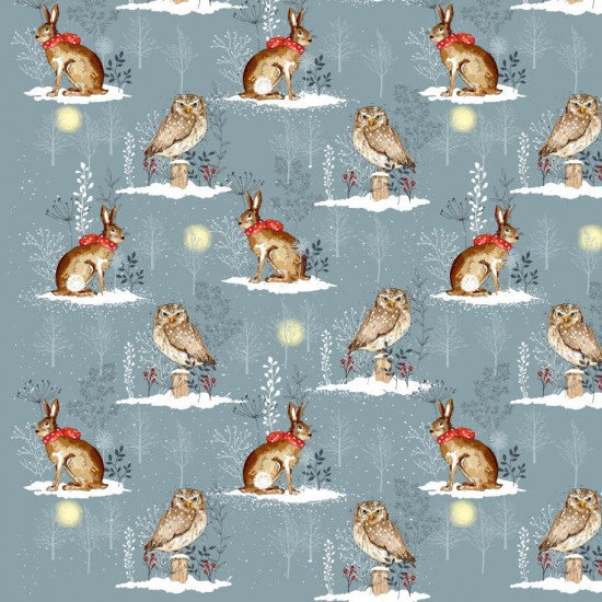 Winter Moon - Christmas print with Owls and Rabbits in the Winter Forest on Grey