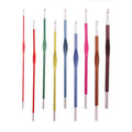 A set of colorful Knitpro Zing Crochet Hooks with shiny silver tips and ergonomic handles in various lustrous metallic shades.