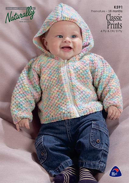 Naturally Knitting Pattern K591 - Babys Zippered Hoodie in 4-ply / Fingering or 8-ply / DK for ages Newborn to 18 months