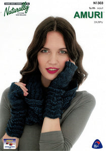 Naturally Knitting Pattern N1303 - Ladies Cowl and Mitts with feather and fan pattern in 8-ply / DK