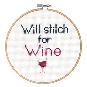 Dimensions Quick Counted Cross Stitch Kit - WIll Stitch for Wine (includes hoop!)